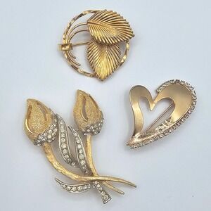 Vtg Set of 3 Gold Tone Brooches Leaf Heart Tulip Rhinestone Pin Mid-Century